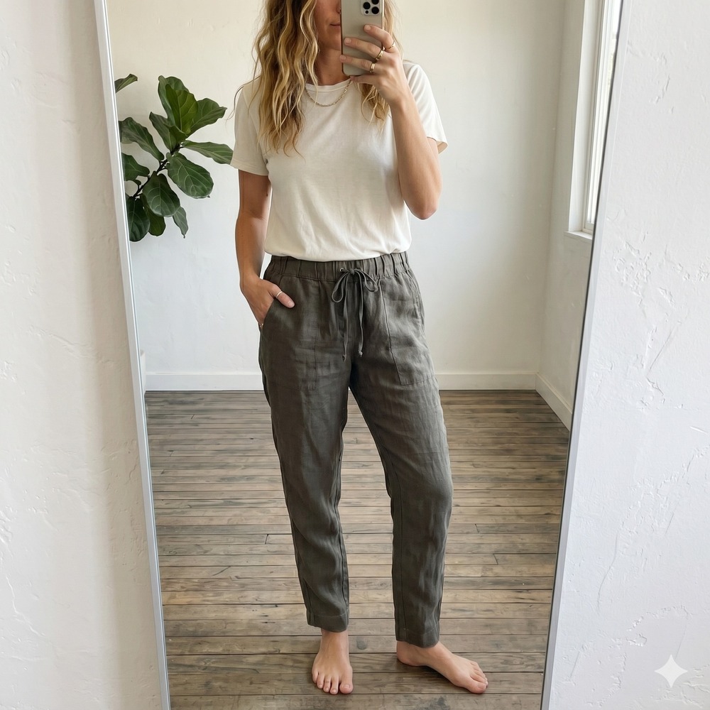 Enza Costa Easy Pants Womens Medium Olive Brown Drawstring Elastic Waist Tapered